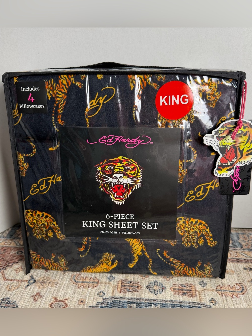 Ed Hardy Black Sheet Set with Gold and Orange Tiger Motif